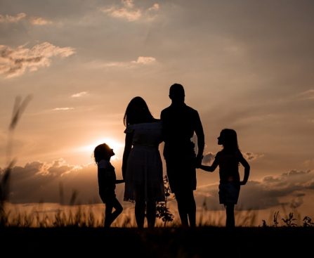 a family standing in a field at sunset